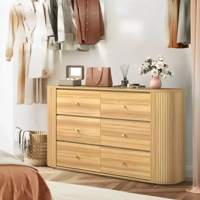 Cassettiera in legno a 6 cassetti con bordi curvi, cassettone con finitura rovere, contenitore stile Mid-Century Modern