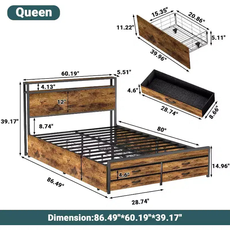 Letto a piattaforma Queen Size con cassetti, con testiera e pediera in legno, design silenzioso, nessun bisogno di rete a molle, marrone