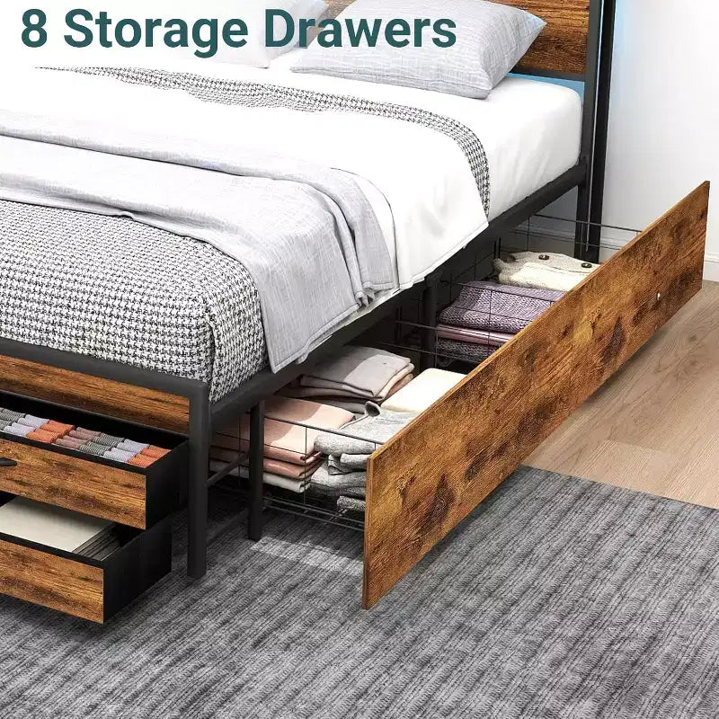 Letto a piattaforma Queen Size con cassetti, con testiera e pediera in legno, design silenzioso, nessun bisogno di rete a molle, marrone