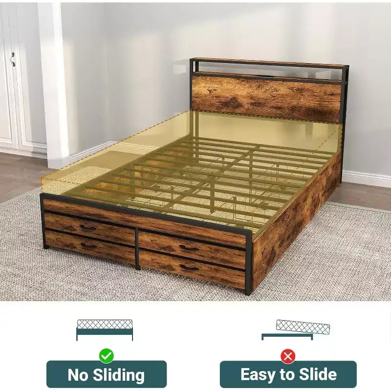 Letto a piattaforma Queen Size con cassetti, con testiera e pediera in legno, design silenzioso, nessun bisogno di rete a molle, marrone