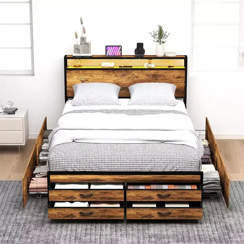 Letto a piattaforma Queen Size con cassetti, con testiera e pediera in legno, design silenzioso, nessun bisogno di rete a molle, marrone