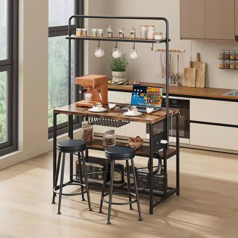 Isola Cucina con Presa Elettrica - Scaffale Industriale con 2 Sgabelli, 3 Ripiani e 5 Ganci per Sala da Pranzo/Soggiorno