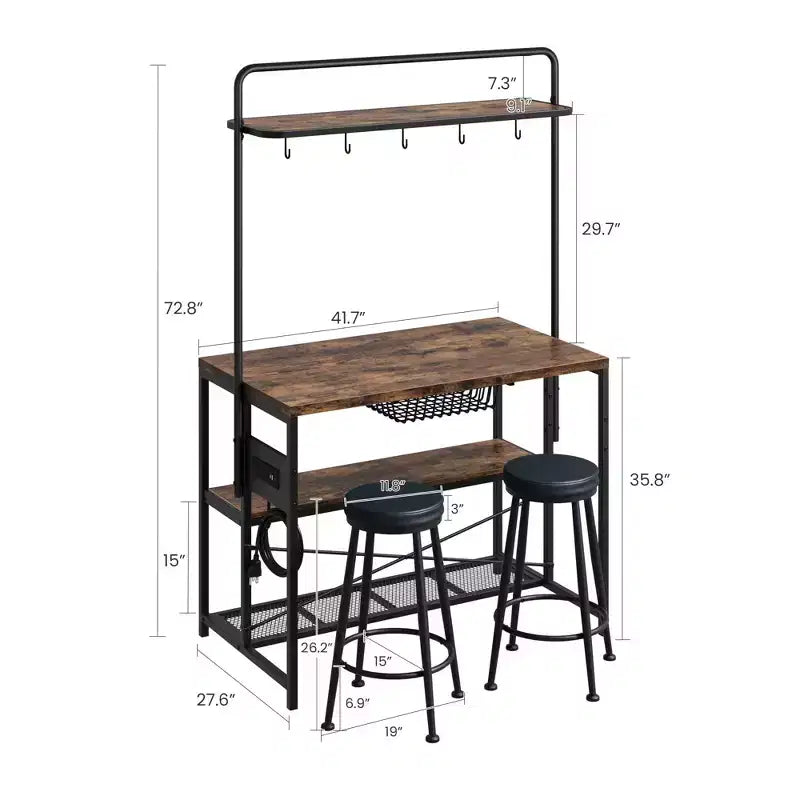 Isola Cucina con Presa Elettrica - Scaffale Industriale con 2 Sgabelli, 3 Ripiani e 5 Ganci per Sala da Pranzo/Soggiorno