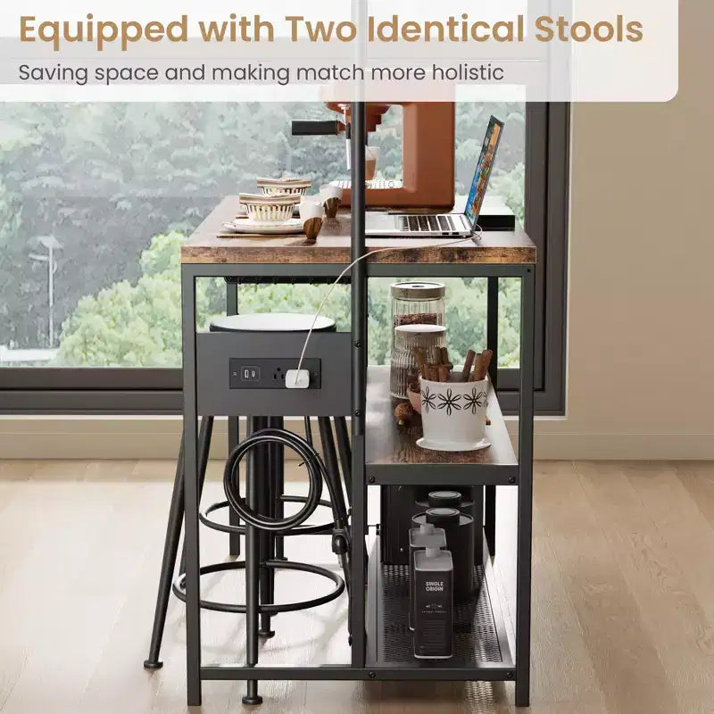 Isola Cucina con Presa Elettrica - Scaffale Industriale con 2 Sgabelli, 3 Ripiani e 5 Ganci per Sala da Pranzo/Soggiorno