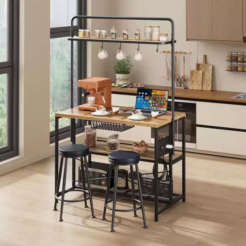 Isola Cucina con Presa Elettrica - Scaffale Industriale con 2 Sgabelli, 3 Ripiani e 5 Ganci per Sala da Pranzo/Soggiorno