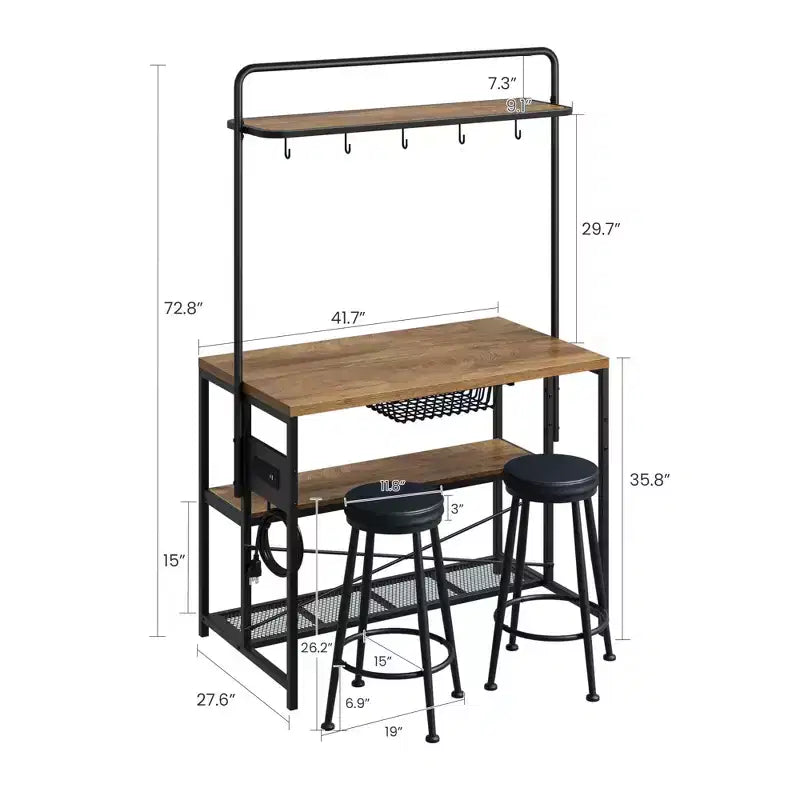 Isola Cucina con Presa Elettrica - Scaffale Industriale con 2 Sgabelli, 3 Ripiani e 5 Ganci per Sala da Pranzo/Soggiorno