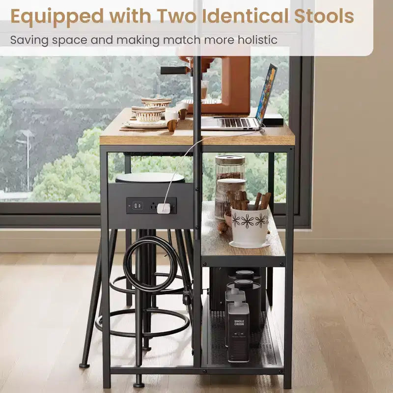 Isola Cucina con Presa Elettrica - Scaffale Industriale con 2 Sgabelli, 3 Ripiani e 5 Ganci per Sala da Pranzo/Soggiorno