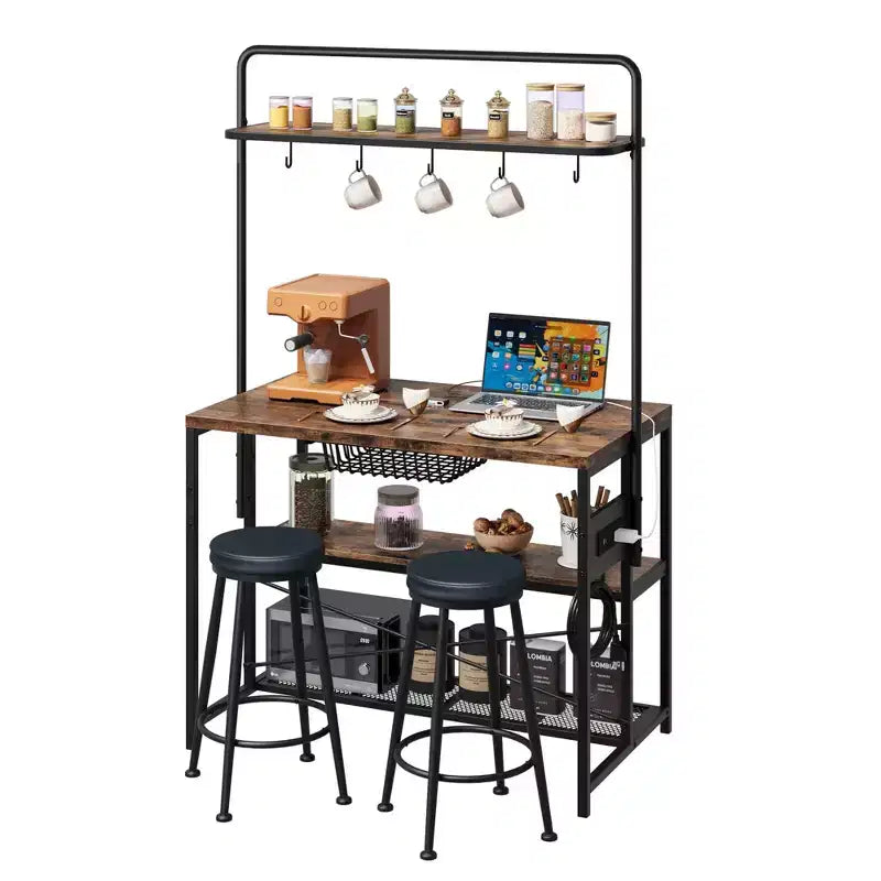 Isola Cucina con Presa Elettrica - Scaffale Industriale con 2 Sgabelli, 3 Ripiani e 5 Ganci per Sala da Pranzo/Soggiorno