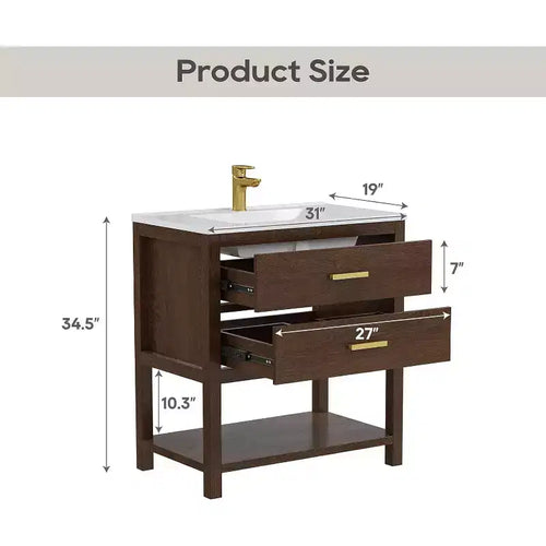 Mobile lavabo da bagno freestanding in stile rustico da 76 cm con lavello, 2 cassetti e ripiano aperto, piedini regolabili per un facile livellamento, noce