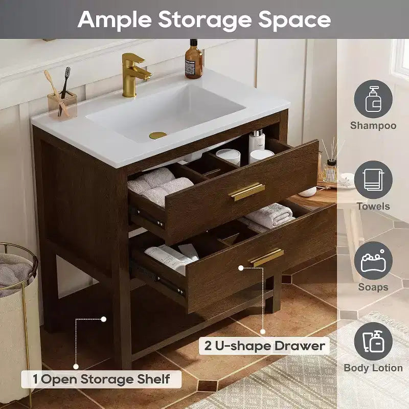 Mobile lavabo da bagno freestanding in stile rustico da 76 cm con lavello, 2 cassetti e ripiano aperto, piedini regolabili per un facile livellamento, noce