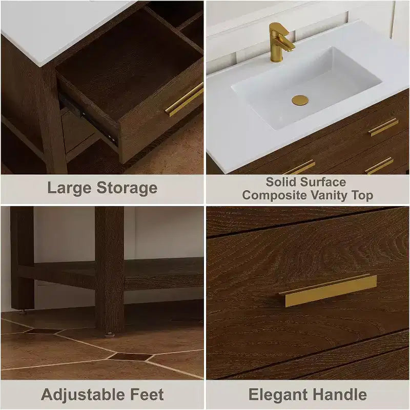 Mobile lavabo da bagno freestanding in stile rustico da 76 cm con lavello, 2 cassetti e ripiano aperto, piedini regolabili per un facile livellamento, noce
