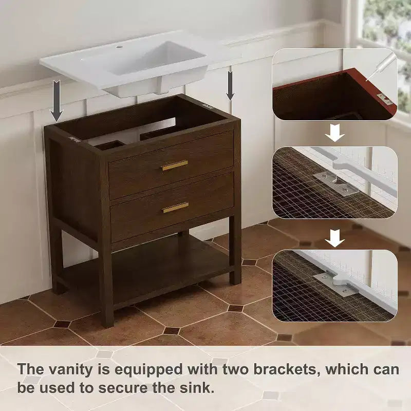 Mobile lavabo da bagno freestanding in stile rustico da 76 cm con lavello, 2 cassetti e ripiano aperto, piedini regolabili per un facile livellamento, noce