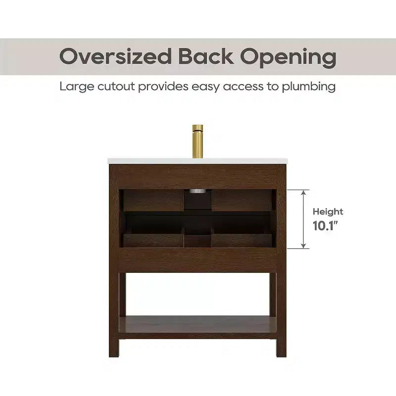Mobile lavabo da bagno freestanding in stile rustico da 76 cm con lavello, 2 cassetti e ripiano aperto, piedini regolabili per un facile livellamento, noce