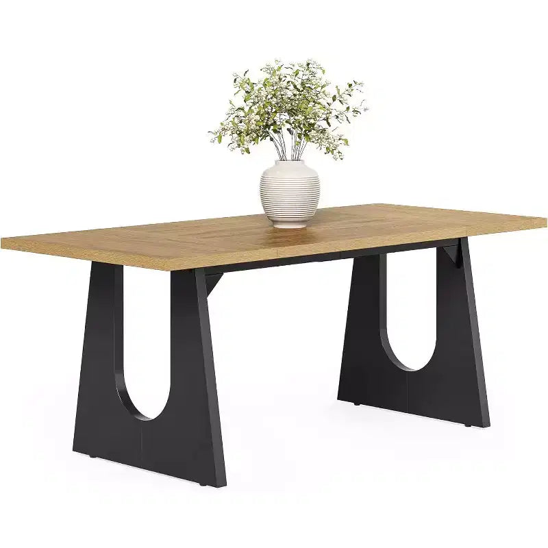 Lantine 70.8-inch Rectangle Dining Table for 6, Modern Wooden Kitchen Table with Black Heavy Duty Pedestal, Natural Color for Living Room.