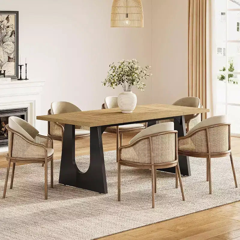 Tavolo da pranzo rettangolare da 180 cm per 6 persone, tavolo da cucina moderno in legno con base a piedistallo resistente nera, colore naturale per soggiorno