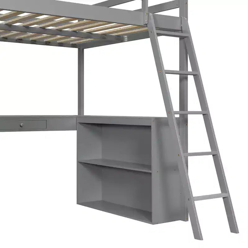 Letto a soppalco moderno con scrivania, 6 ripiani e cassetto