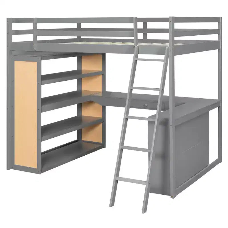 Letto a soppalco moderno con scrivania, 6 ripiani e cassetto