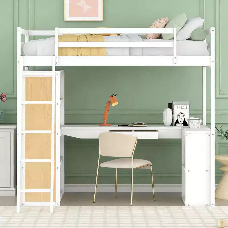 Letto a soppalco moderno con scrivania, 6 ripiani e cassetto