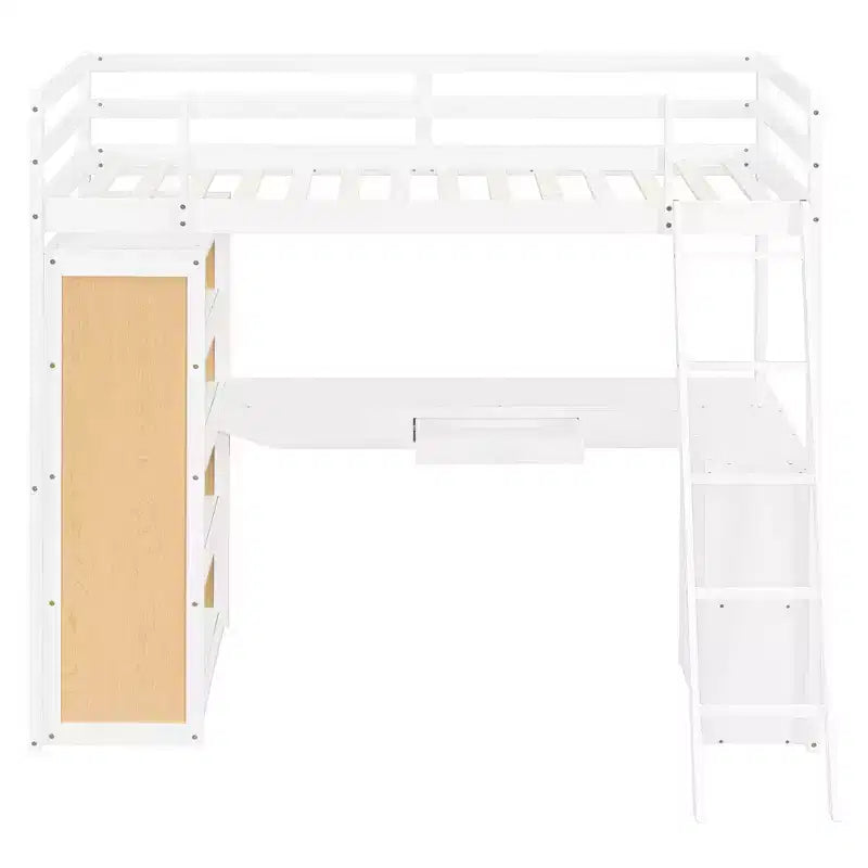 Letto a soppalco moderno con scrivania, 6 ripiani e cassetto