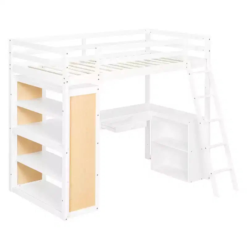 Letto a soppalco moderno con scrivania, 6 ripiani e cassetto