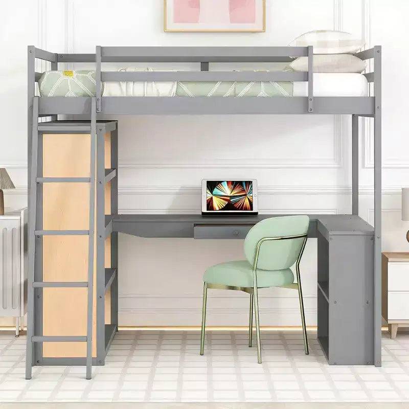 Letto a soppalco moderno con scrivania, 6 ripiani e cassetto
