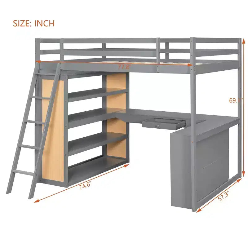 Letto a soppalco moderno con scrivania, 6 ripiani e cassetto