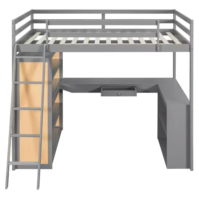 Letto a soppalco moderno con scrivania, 6 ripiani e cassetto