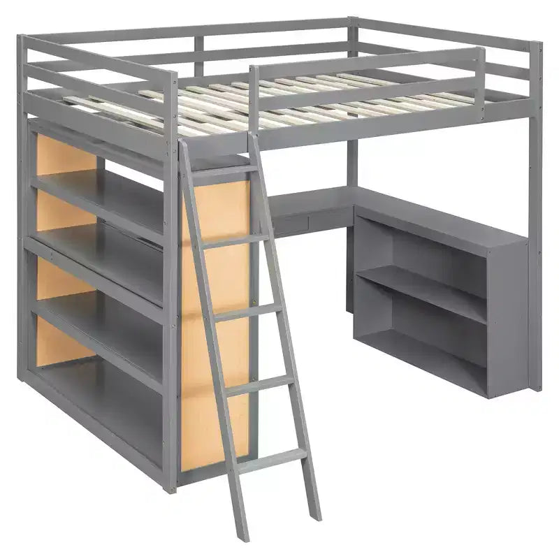 Letto a soppalco moderno con scrivania, 6 ripiani e cassetto