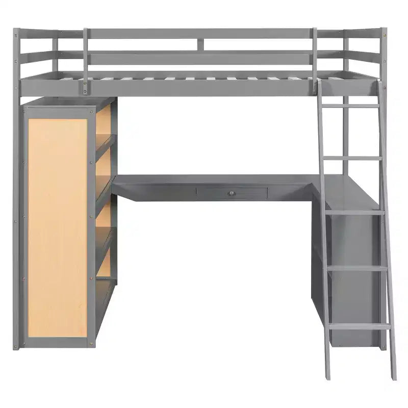 Letto a soppalco moderno con scrivania, 6 ripiani e cassetto