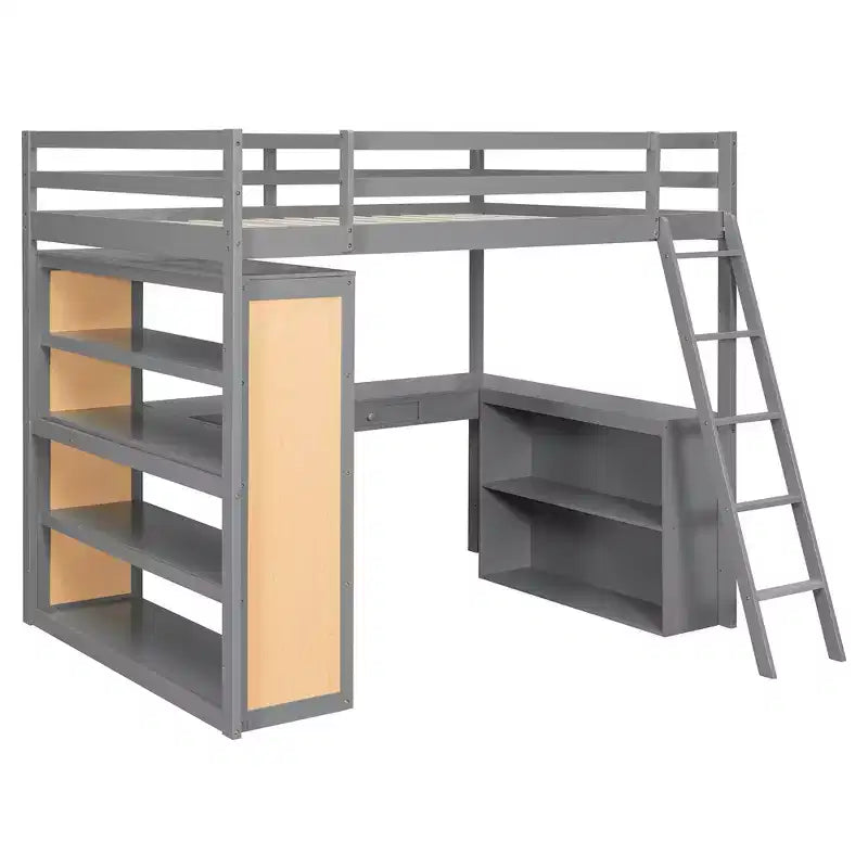 Letto a soppalco moderno con scrivania, 6 ripiani e cassetto