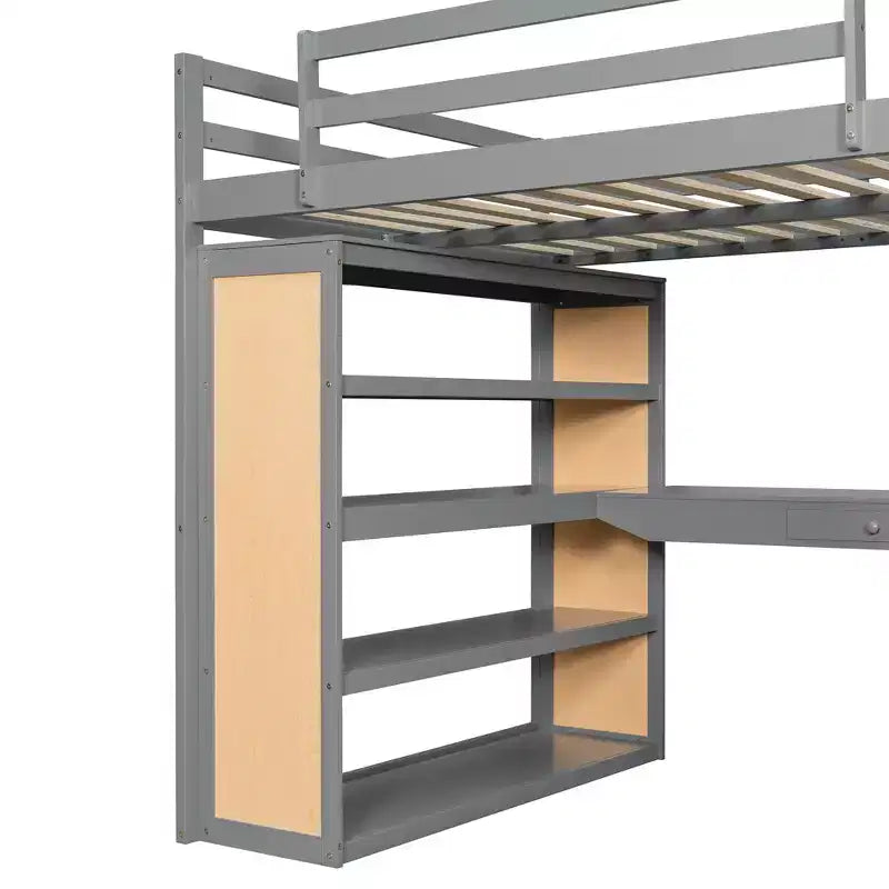 Letto a soppalco moderno con scrivania, 6 ripiani e cassetto