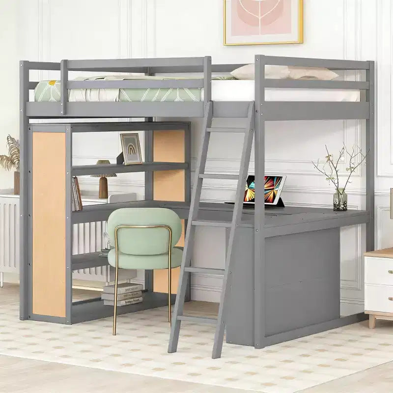 Letto a soppalco moderno con scrivania, 6 ripiani e cassetto