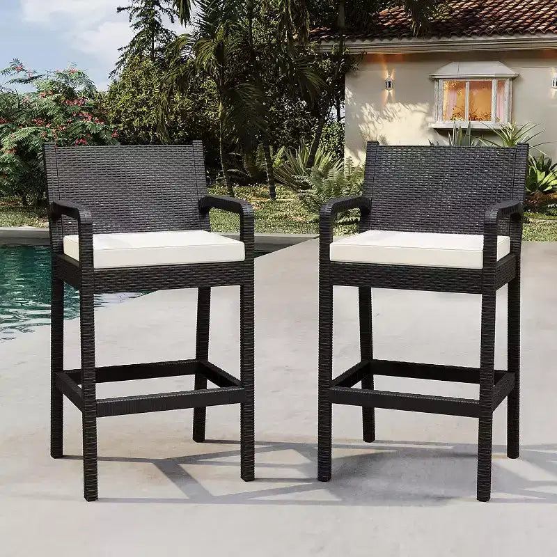 Set of 2 Outdoor Bar Stools, 30 Patio Wicker Bar Chairs with Cushions and Footrest, Bar Height Seating for Backyard, Garden, Poolside, Balcony, Deck