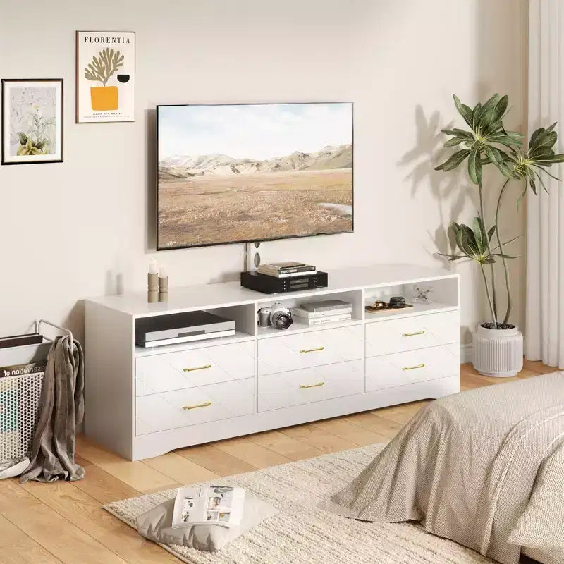 Mobile TV a 6 cassetti con supporto per soggiorno e camera da letto, cassettiera per TV in legno, console multimediale con archiviazione, centro di intrattenimento, colori multipli