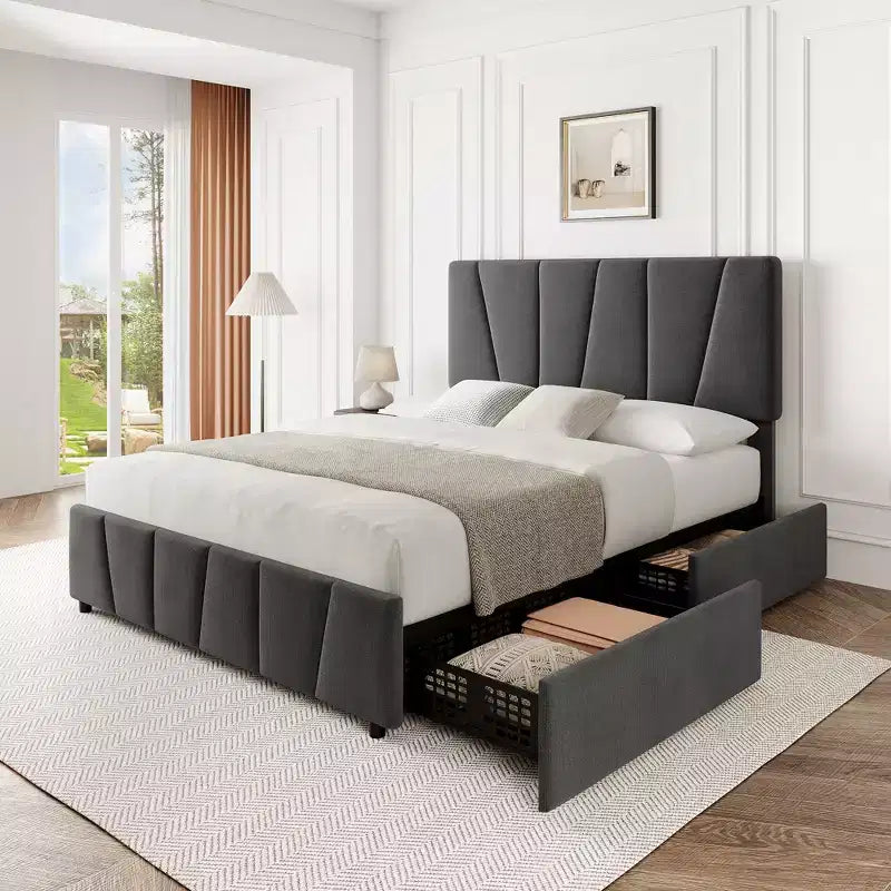 Struttura letto imbottita con testiera regolabile e cassetti portaoggetti, doghe in legno, nessun sommier necessario, camera da letto moderna