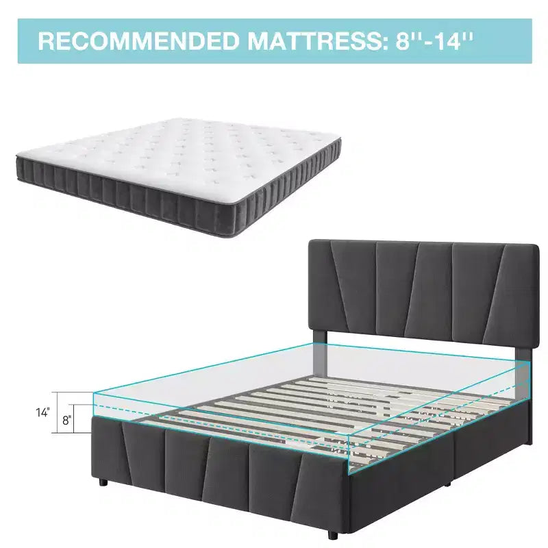 Struttura letto imbottita con testiera regolabile e cassetti portaoggetti, doghe in legno, nessun sommier necessario, camera da letto moderna