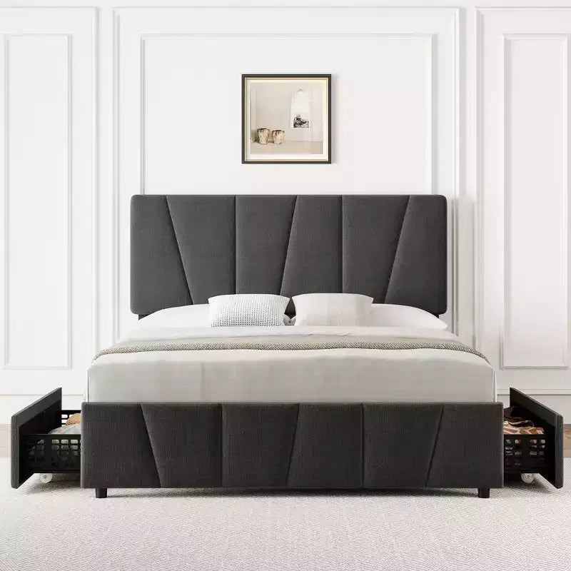 Struttura letto imbottita con testiera regolabile e cassetti portaoggetti, doghe in legno, nessun sommier necessario, camera da letto moderna