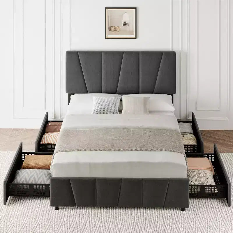 Struttura letto imbottita con testiera regolabile e cassetti portaoggetti, doghe in legno, nessun sommier necessario, camera da letto moderna