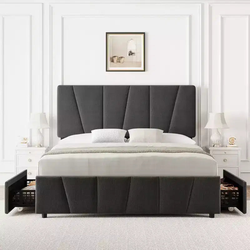 Struttura letto imbottita con testiera regolabile e cassetti portaoggetti, doghe in legno, nessun sommier necessario, camera da letto moderna