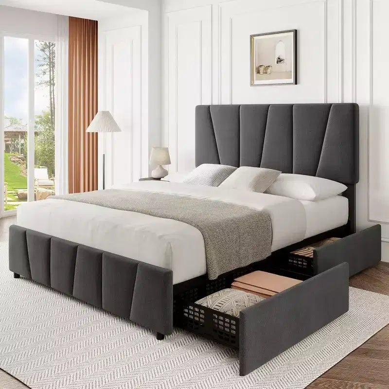 Struttura letto imbottita con testiera regolabile e cassetti portaoggetti, doghe in legno, nessun sommier necessario, camera da letto moderna