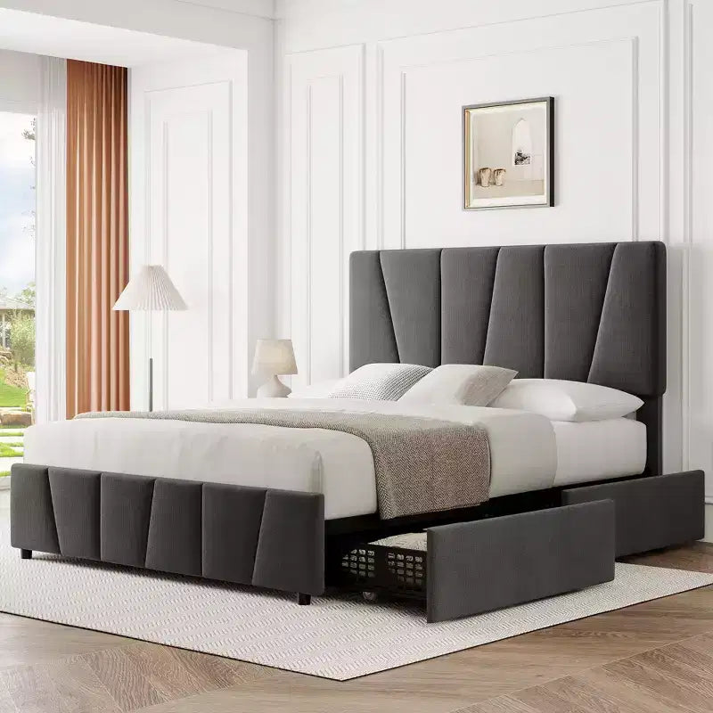 Struttura letto imbottita con testiera regolabile e cassetti portaoggetti, doghe in legno, nessun sommier necessario, camera da letto moderna