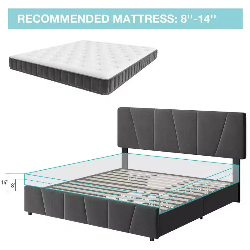 Struttura letto imbottita con testiera regolabile e cassetti portaoggetti, doghe in legno, nessun sommier necessario, camera da letto moderna