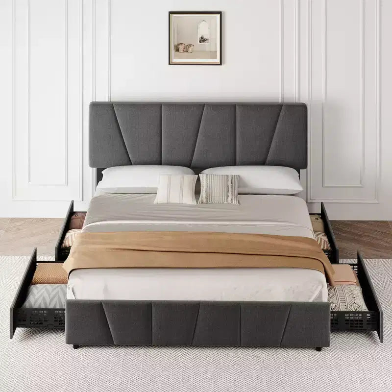 Struttura letto imbottita con testiera regolabile e cassetti portaoggetti, doghe in legno, nessun sommier necessario, camera da letto moderna