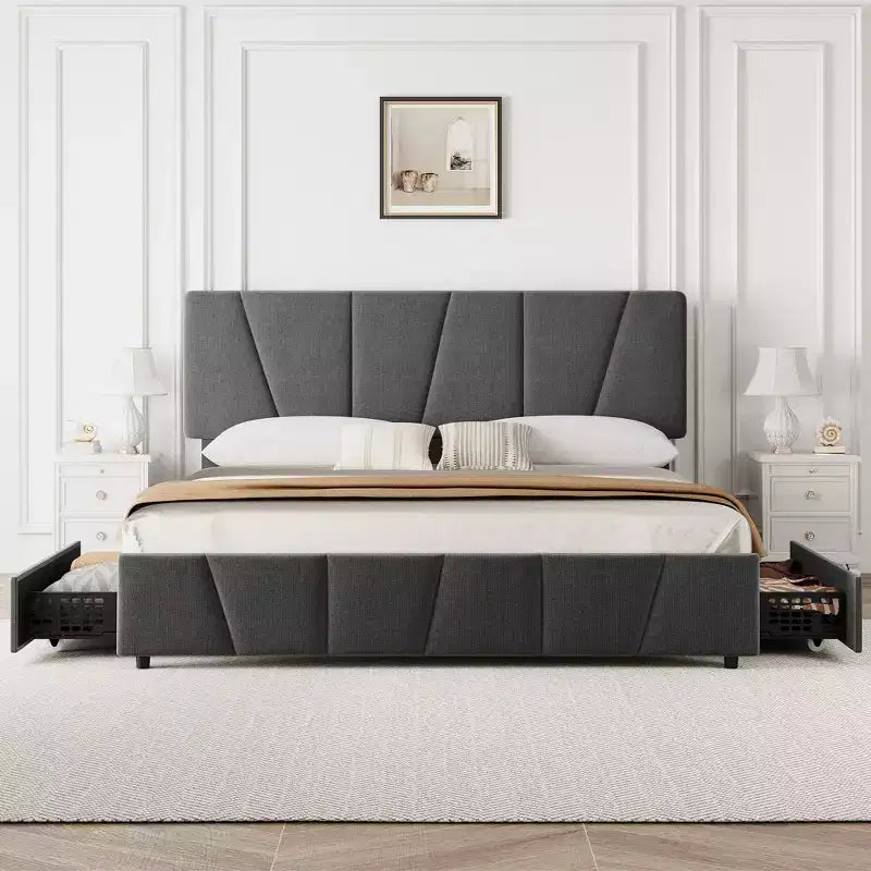 Struttura letto imbottita con testiera regolabile e cassetti portaoggetti, doghe in legno, nessun sommier necessario, camera da letto moderna