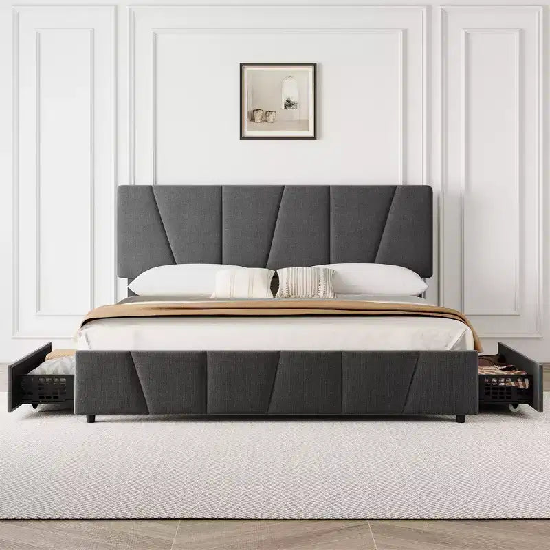 Struttura letto imbottita con testiera regolabile e cassetti portaoggetti, doghe in legno, nessun sommier necessario, camera da letto moderna