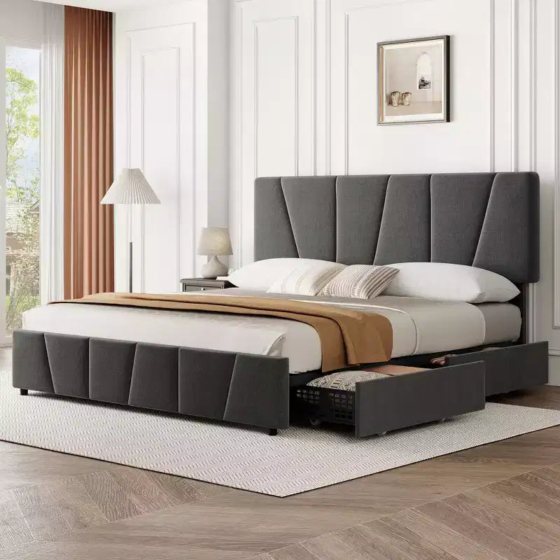 Struttura letto imbottita con testiera regolabile e cassetti portaoggetti, doghe in legno, nessun sommier necessario, camera da letto moderna