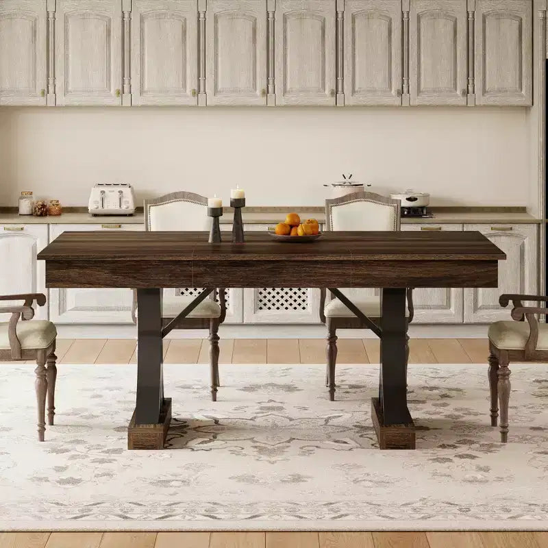 71 Grande tavolo da pranzo per 6-8 persone, tavolo da cucina rettangolare in legno con 2 cassetti e robusta struttura in metallo, tavolo da 1,8 m per sala da pranzo e cucina