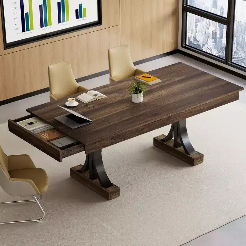 71 Grande tavolo da pranzo per 6-8 persone, tavolo da cucina rettangolare in legno con 2 cassetti e robusta struttura in metallo, tavolo da 1,8 m per sala da pranzo e cucina