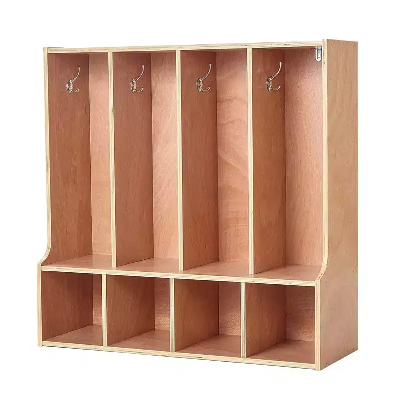 VEVOR 4-Section Kids Coat Locker, Wooden Toddler Cubby Storage Organizer with 8 Hooks & Non-Slip Mat & 4 Small Open Storage Boxes, Wood Color