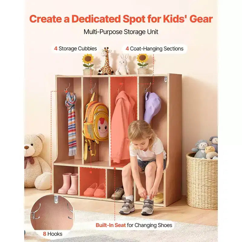 Armadietto porta cappotti a 4 sezioni per bambini, mobiletto portaoggetti in legno per bambini con 8 ganci, tappetino antiscivolo e 4 piccole scatole aperte, colore legno